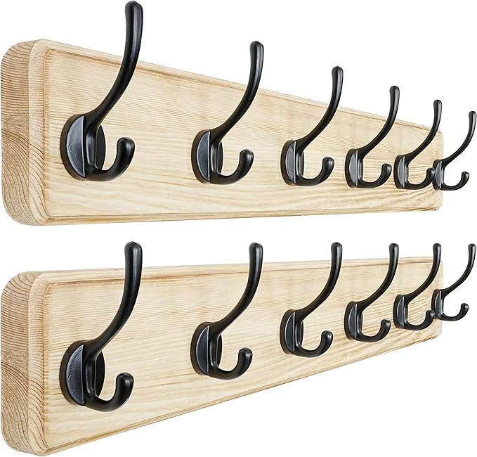 Artisan Dseap Coat Rack Wall 24 Long Patented Heavy-Duty 6-Double-Hooks Wooden Wall Mounted Coat Rack Coat Hanger Hook Rail for Winter Coats Hat Jacket Clothing Light Brown Pack of 2About ThisOverview High-End