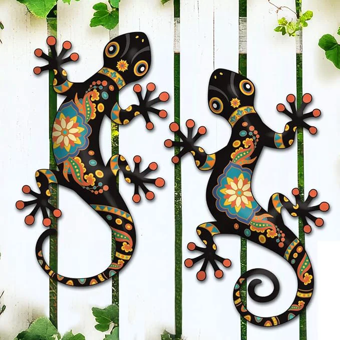 Long-Lasting Metal Gecko Outdoor Decor -2 Pack 11.8 inch Metal Lizard Wall Hanging Sculpture Decoration for Indoor or Outdoor Garden Yard Fence Porch Wall Decorations Black About ThisOverview Natural