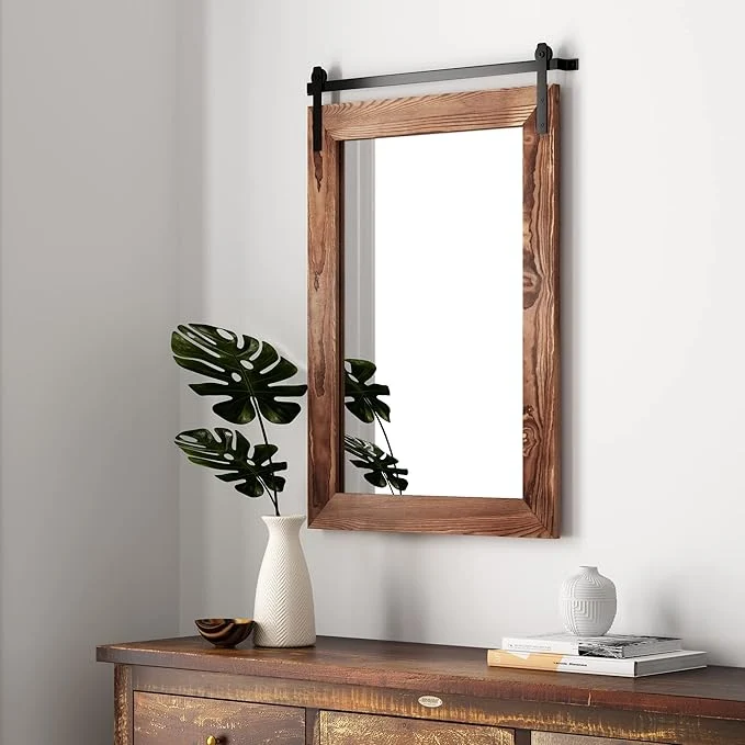 Solid COGOOD Farmhouse Barn Door Mirror - 26 X 17 Rustic Wood Framed Wall Mirror for Bathroom Living Room Entryway Wall Decorative Brown About ThisOverview Professional