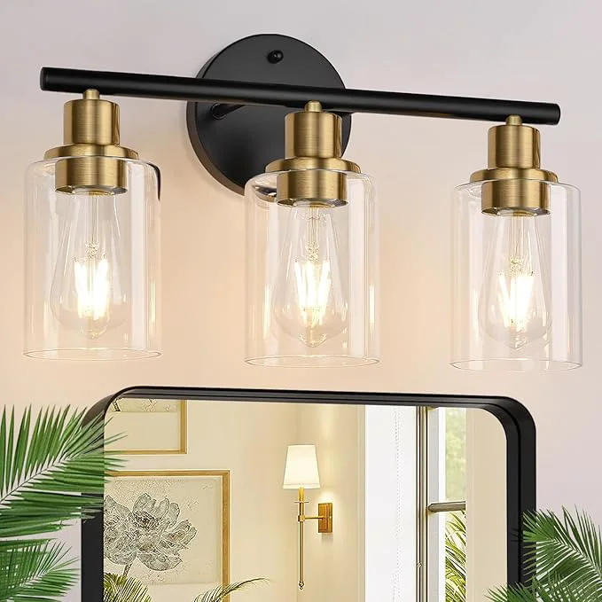Specialty 3-Light Bathroom Light Fixtures Black and Gold Bathroom Wall Lights Modern Vanity Light with Clear Glass Shade Bathroom Wall Lamp for Mirror Kitchen Bedroom Hallway CabinetAbout ThisOverview High-Performance