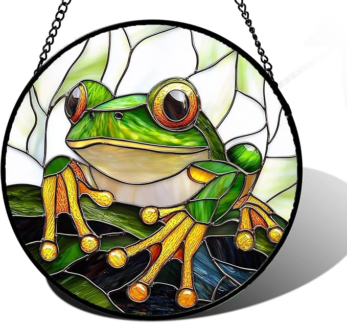 High-Performance Stained Glass Window Hanging Green Frog White Petals Sun Catchers Colorful Glass Panel Cute Suncatcher Decor for Birthday for Women Men Wife Aunt and Mom 6.3 inAbout This Expertly Made