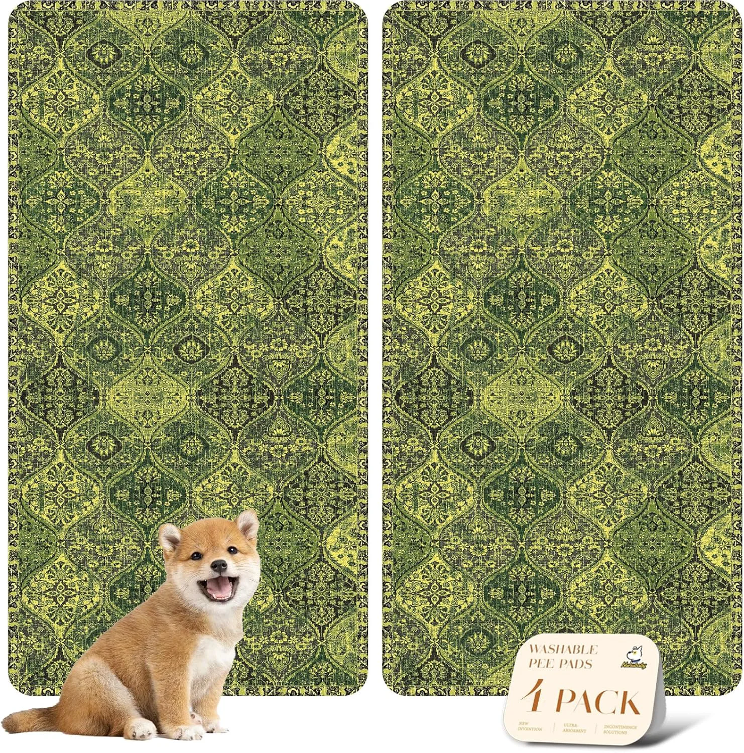 Versatile nunubaby 4PACK Washable Pee Pads for Dogs Stylish Non-Slip and Leak-Proof Pee Pads. Reusable Potty Pads for Dogs for Crates and Floors. Green Multi 24 x48 Relaxed