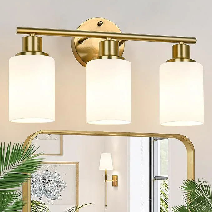 High-End 3-Light Bathroom Light Fixtures Brushed Gold Vanity Light Farmhouse Wall Lights with Milky White Frosted Glass Shades Bathroom Wall Lamp for Mirror Kitchen Bedroom Hallway Living RoomAbout ThisOverview High-Grade
