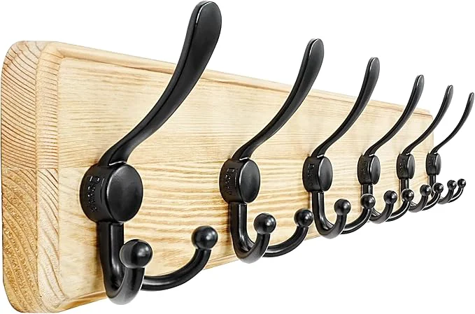 Fashionable Dseap Coat Rack Wall Mounted - 24 Long 6 Tri Hooks Heavy Duty Wooden Wall Coat Hanger Coat Hook for Clothes Hat Jacket Clothing Weathered Light Natural and BlackAbout ThisOverview Soft