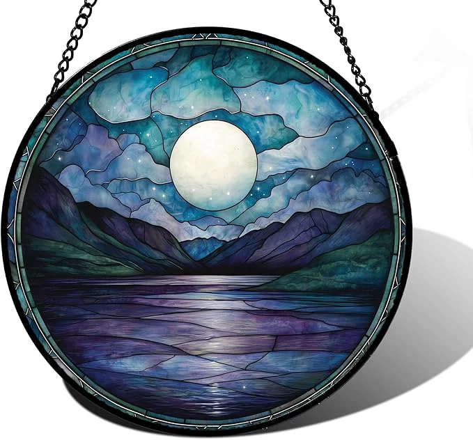 Easy-to-Use Stained Glass Window Hanging Blue Night Moon Lake Sun Catchers Colorful Glass Panel Landscape Suncatcher Decor for Birthday for Women Men Wife Aunt and Mom 11.8x11.8 inAbout This Recyclable