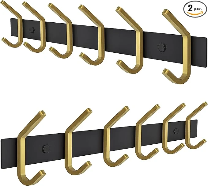 Versatile Coat Rack Wall Mount – Black and Gold Hook Rail with 6 Double Coat Hooks 17 Inch Stainless Steel Wall Hooks for Entryway Bathroom Bedroom Closet Towel Hat Bag Heavy Duty Organizer - 2 PackAbout ThisOverview Contemporary