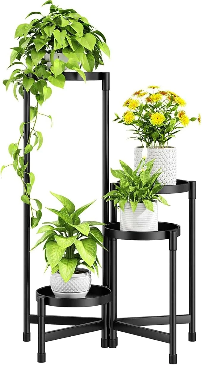 Clean Folding Plant Stand Indoor Outdoor with Metal Tray 4 Tiered Corner Flower Holder Shelf Metal Orchid Display Rack for Patio Porch Living Room Garden Balcony Modern BlackAbout ThisOverview Official