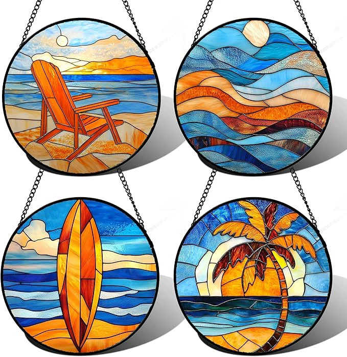 Relaxed Stained Glass Window Hanging 4 Pcs Set Blue Orange Ocean Beach Theme Large 15 - Suncatcher Door Garden Sun Catcher Decor Birthday Christmas for Mom Woman Nana Men WifeAbout This Unique