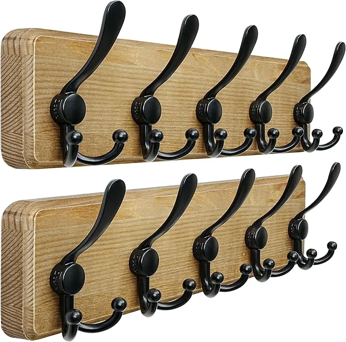 Sophisticated Dseap Coat Rack Wall Mount - Heavy-Duty Robust Barnwood-Style Wooden Wall Coat Hanger Hook Rail with 5 Triple Hooks for Winter Coats Hat Jacket Clothing Weathered Brown Black Pack of 2About ThisOverview Comfortable