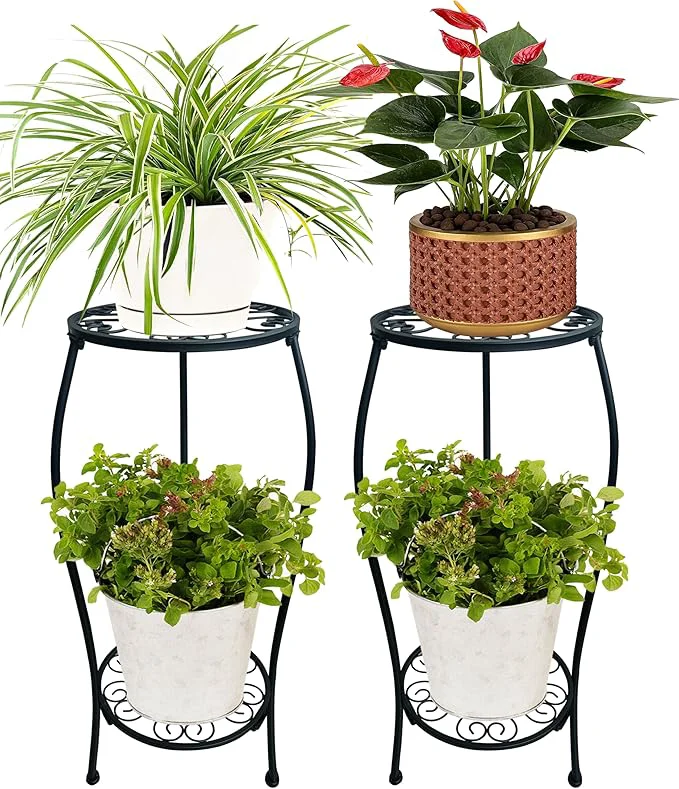Luxury 2 Pack 25.2 inch Metal Plant Stand Rack for Round Flower Pot 2 Tier Potted Holder Indoor Outdoor Rustproof Wrought Iron Heavy Duty Planter Shelf for Corner Living Room Balcony Garden Patio BlackAbout ThisOverview Responsible