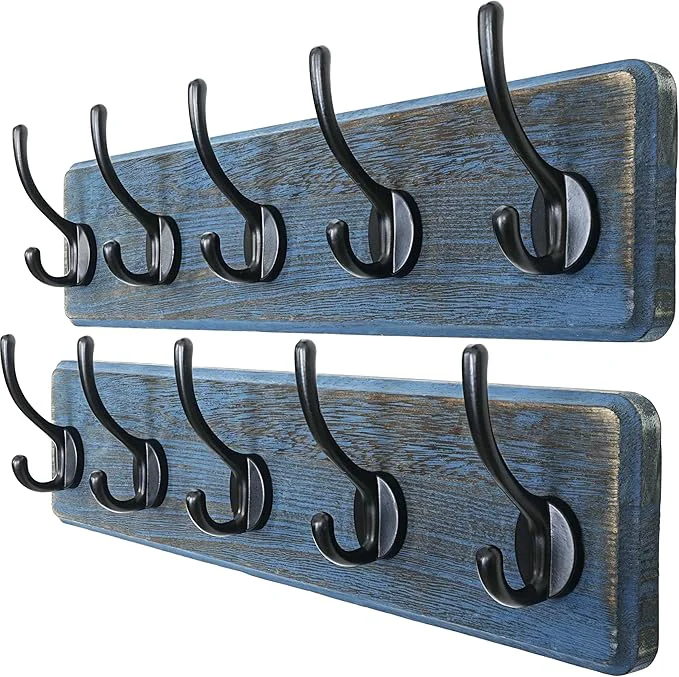 Premium Dseap Coat Rack Wall Patented Heavy-Duty 5-Double-Hooks Wooden Wall Mounted Coat Rack Coat Hanger Hook Rail for Winter Coats Hat Jacket Clothing Weathered Blue Pack of 2About ThisOverview Next-Generation