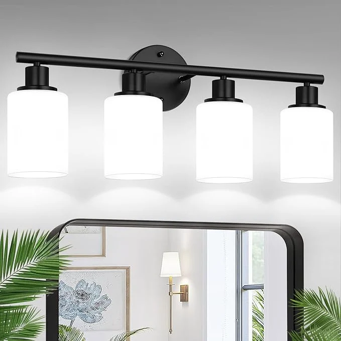 Minimalist 4-Light Bathroom Light Fixtures Black Modern Vanity Lights with Milky White Frosted Glass Shades Bathroom Wall Lamp for Mirror Kitchen Living RoomAbout ThisOverview Specialty