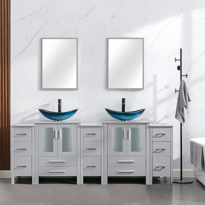 Excellent eclife 84 Modern Bathroom Vanity Sink Combo standing Cabinet with Small Side Cabinet Blue Boat Glass Vessel Sink Water Save Faucet Drain Gray A29BU About ThisOverview Detailed