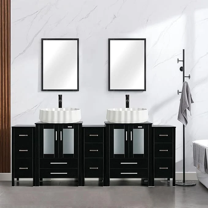 Breathable eclife 84 Modern Bathroom Vanity Sink Combo standing Cabinet with Small Side Cabinet White Shell Ceramic Vessel Sink Water Save Faucet Drain Black T54 About ThisOverview Healthy
