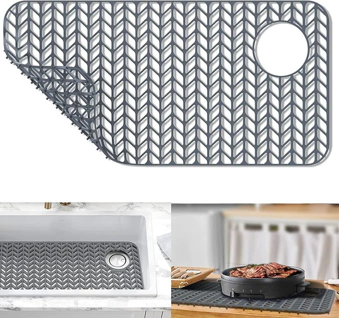 Next-Generation AWOKE Sink Protectors for Kitchen Sink Kitchen Sink Protector Mat - 28.6 x 14.5 Heat-Resistant Silicone Folding Non-Slip Mat for Stainless Steel Sink with Right Drain Grey About ThisOverview Reliable