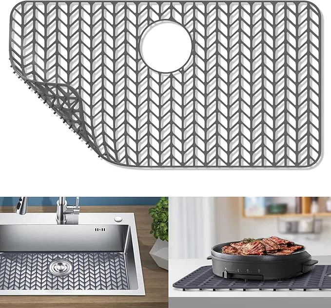 Dependable AWOKE Sink Protectors for Kitchen Sink Kitchen Sink Protector Mat - 28.4 x15.2 Heat-Resistant Silicone Folding Non-Slip Mat for Stainless Steel Sink with Rear Drain Grey About This Certified