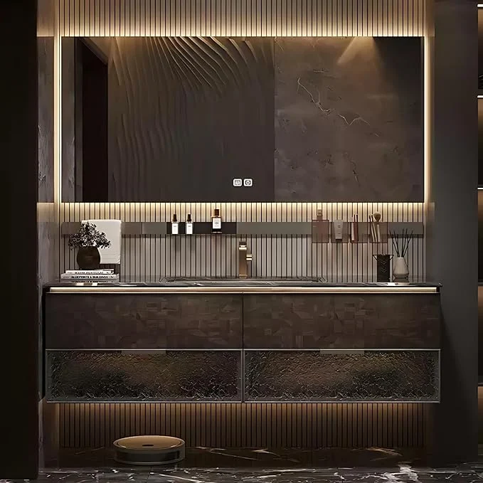 Expertly Made 44in Luxury Bathroom Vanities - Bathroom Vanity with Sink Wall-Mounted Storage with 2 Large Side Cabinets Intelligent Defogging Led Lights Multi-Layer Solid WoodAbout ThisOverview Sophisticated
