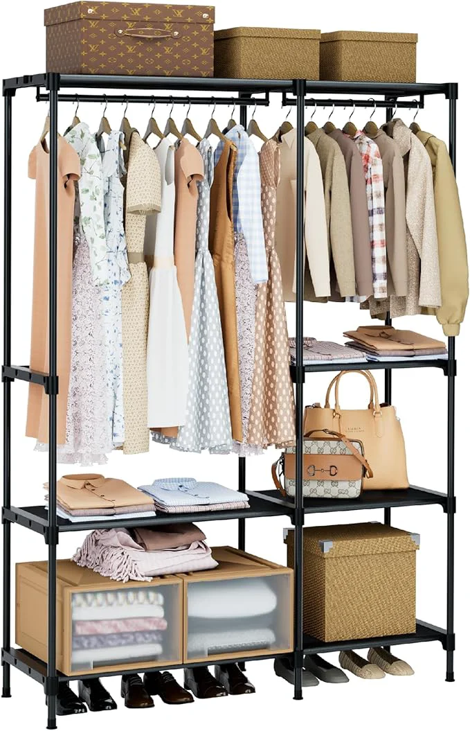 Traditional Clothes Rack Portable Closet 44.9 Inch Large Capacity Wardrobe Closet Clothes Storage Organizer with Shelves and 2 Hanging Rods Easy to Assembly Black PCT021B01About ThisOverview First-Class