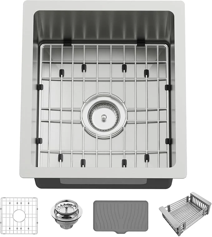Green 15x17In Undermount Kitchen And Bar Sink- Stainless Steel Single Bowl Modern Drop In Kitchen Bar Sink With SS Grid Silicon Mat Colander Drain Strainer Compatibility With Various Kitchen Bar StyleAbout ThisOverview Efficient
