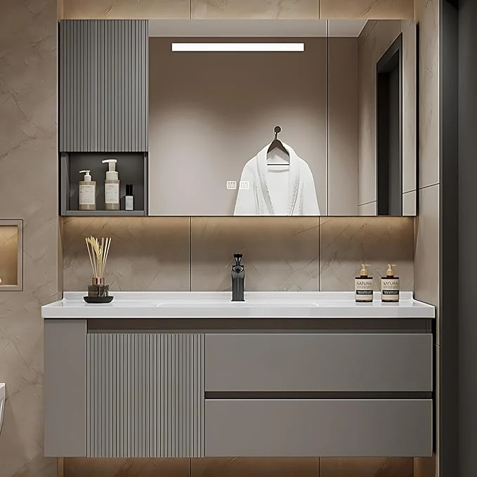 Recyclable 44IN Suspended Bathroom Cabinet Combo Set - Fully Functional LED Mirror with Smart Defogging Time Display Bathroom Vanity with Sink Side Cabinet Storage Compartment Style A About ThisOverview Advanced