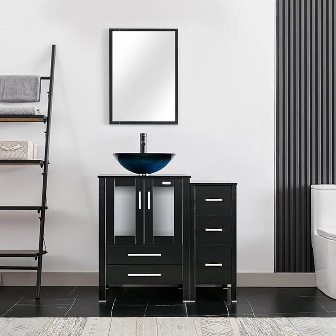 Reliable eclife 36 Modern Bathroom Vanity Sink Combo standing Cabinet with Small Side Cabinet Turquoise Square Glass Vessel Sink Water Save Faucet Drain Black A10 About ThisOverview First-Class