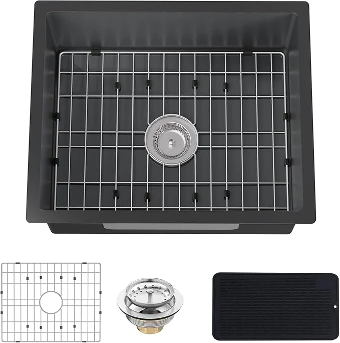 Stylish Black Kitchen Bar Sink Combo - 22x18 Inch Stainless Steel Undermount Single Bowl Modern Sink with SS Grid Silicon Mat Drain Strainer SetAbout ThisOverview Top-Quality