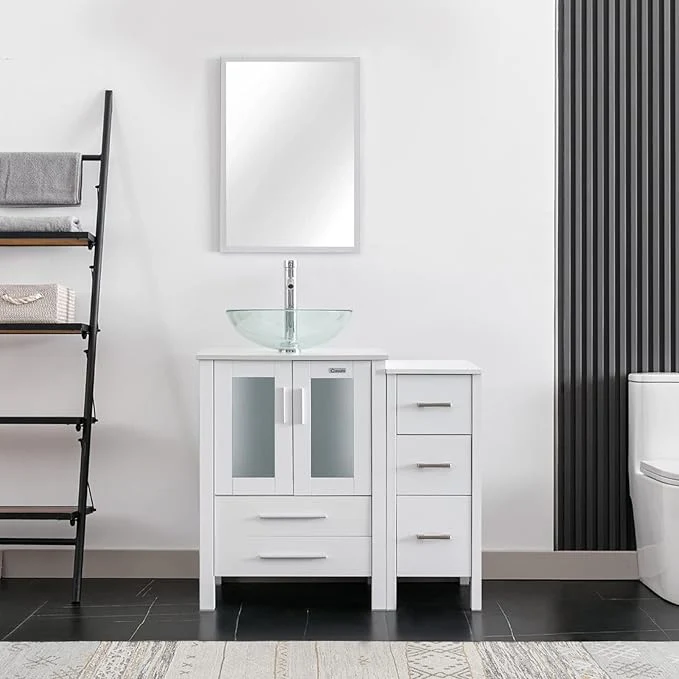 Environmentally Friendly eclife 36 Modern Bathroom Vanity Sink Combo standing Cabinet with Small Side Cabinet Clear Round Glass Vessel Sink Water Save Faucet Drain White A16 About ThisOverview Dependable