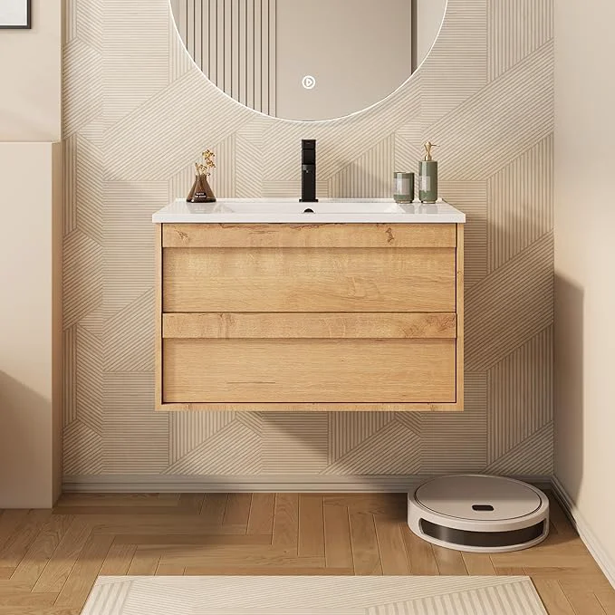 Advanced eclife 30 Floating Bathroom Vanity Sink Combo Wall Mounted Modern Minimalist Storage Cabinet with 2 Drawers Include Sink Faucet Drain NaturalAbout ThisOverview Elegant