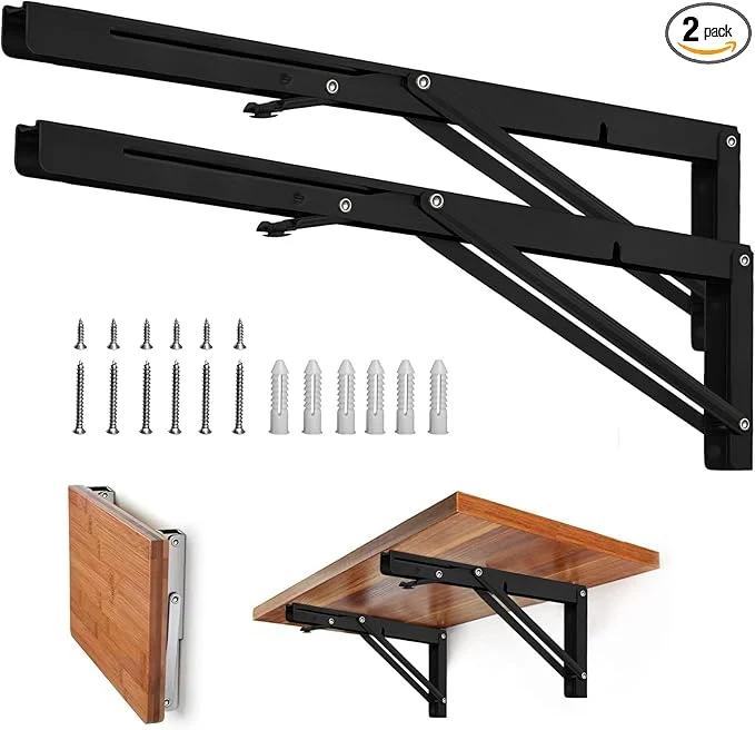 Dependable Folding Shelf Brackets - Heavy Duty Metal Collapsible Shelf Bracket for Bench Table Shelf Hinge Wall Mounted Space Saving DIY Bracket Max Load 150 lb 24 Inch Black About ThisOverview Fast
