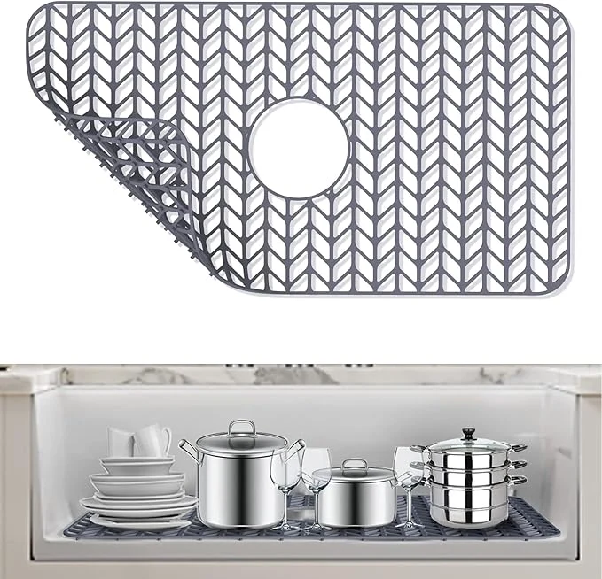 Consistent AWOKE Sink Protectors for Kitchen Sink - 26 x 14 Sink Mat - Heat-resistant Easy-clean Silicone Sink Mat - for Protection of Stainless Steel Sink - with Center Drain Grey Kitchen Sink AccessoriesAbout This Dependable