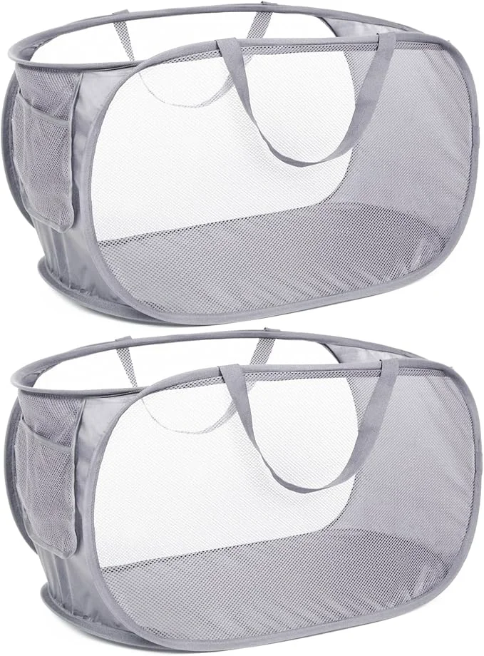 Contemporary Durable Collapsible Laundry Baskets Mesh Pop Up Laundry Hamper with Side Pocket Foldable Clothes Hamper with Reinforced Carry Handles for Laundry Bathroom Kids Room Dorm or Travel 2 Pack GreyAbout ThisOverview Trendy