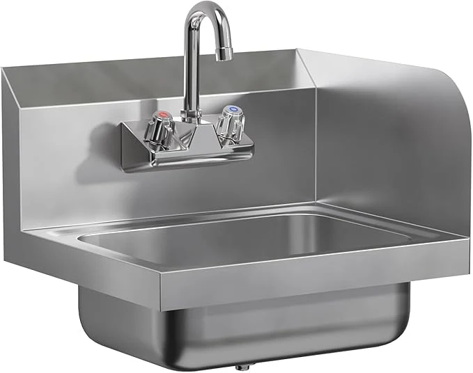 Elegant Stainless Steel Hand Sink with Right Side Splash Guard 15 x 17 Commercial Wall Mount Hand Basin with Gooseneck Faucet Strainer Back Splash NSF About ThisOverview Superior