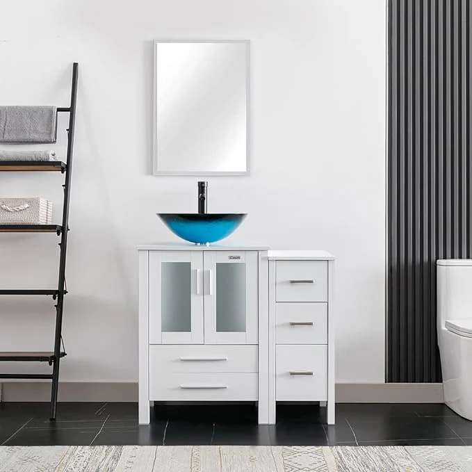 Fine eclife 36 Modern Bathroom Vanity Sink Combo standing Cabinet with Small Side Cabinet Turquoise Square Glass Vessel Sink Water Save Faucet Drain White A10 About ThisOverview Genuine