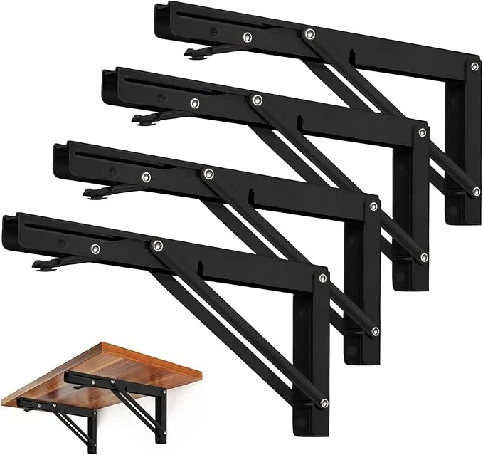 Flexible Storystore Folding Shelf Brackets - 16 Inch Heavy Duty Metal Collapsible Shelf Bracket for Bench Table Shelf Hinge Wall Mounted Space Saving DIY Bracket Max Load 150 lb 4 PCS Black About ThisOverview Innovative