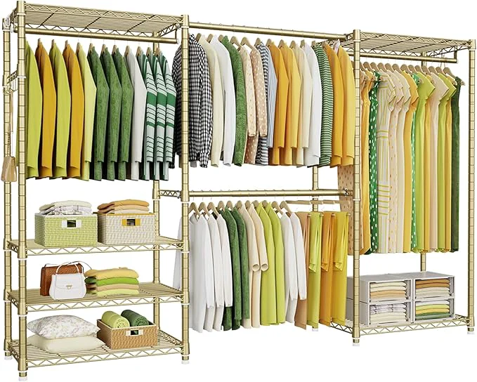 Fine Crafted Ulif E1 Heavy Duty Closet Garment Rack 6 Tiers Adjustable Metal standing Expandable Clothing Storage with 4 Hanger Rods Easy to Assemble Wardrobe 71.4 H x 70 - 88.2 L x 14 D GoldAbout ThisOverview Secure