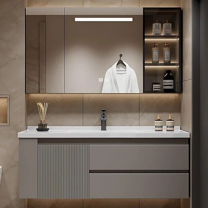 Carefully Designed 52IN Suspended Bathroom Cabinet Combo Set - Fully Functional LED Mirror with Smart Defogging Time Display Bathroom Vanity with Sink Side Cabinet Storage Compartment Style C About ThisOverview Green
