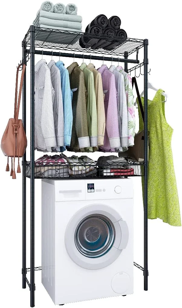 Sophisticated Xiofio Washer and Dryer Storage Shelf Clothes Drying Rack 2 Tier Adjustable Height Storage Wire Basket with 2 Side Hook Laundry Shelves Used for Bathroom Bedroom Balcony BlackAbout ThisOverview Versatile