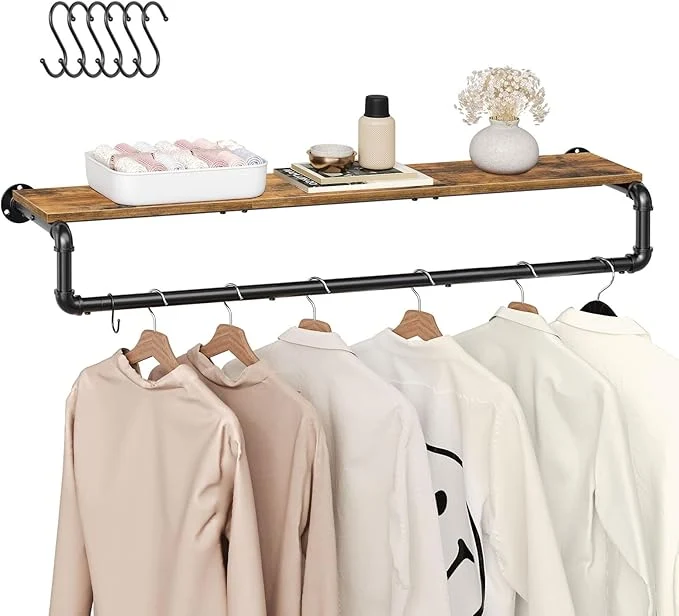 Healthy Pipe Clothes Rack 43.3 in Wall Mounted Garment Rack with Top Shelf Industrial Clothing Rack with Hanging Rod Heavy Duty Detachable Space Saver Hanging Clothes Rack Rustic Brown FS11BRY1About ThisOverview Innovative