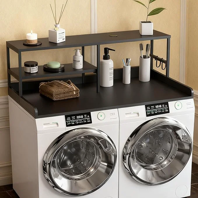 Natural Washer and Dryer Countertop with Shelf 2-Tier 54 x 27.5 Wood Laundry Countertop Washer Dryer Topper with High Edge Rails and Hooks Non-Slip Pads Waterproof Heat Resistant Top Black About ThisOverview Elite