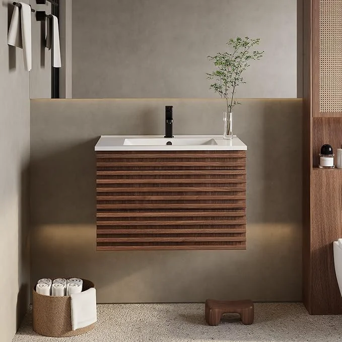 Responsible eclife 30 Floating Bathroom Vanity with Sink Combo Mid-Century Wall Mounted Cabinet with Wood Stripes Decor Drawers Undermount Sink Faucet Drain Cocoa BrownAbout ThisOverview First-Class