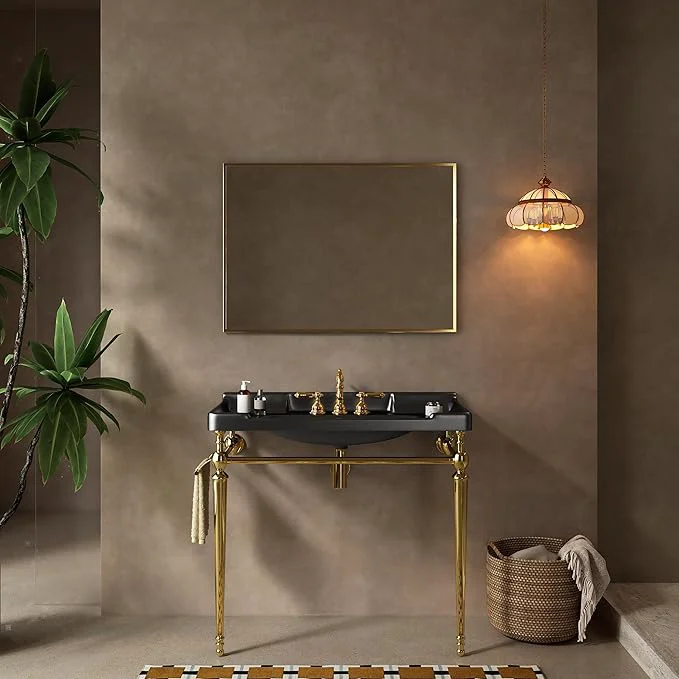 Enhanced 36 Bathroom Console Sink Wall-Mounted Black Ceramic Vanity Basin with 3 Pre-drilled Faucet Holes standing Gold Stainless Steel Support Legs with Towel Bar No Faucet - Rome BlackAbout ThisOverview Original