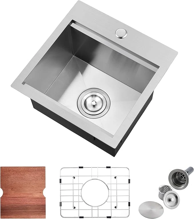 Pure 15 Stainless Steel Kitchen Bar Sink Doirteal 15x15x9 Inch Single Bowl Drop in Workstation Kitchen Sink Top Mount 15 Inch Small Bar Sinks Outdoor Wet Bar Prep Sinks With Accessories BL81-1About ThisOverview Fast