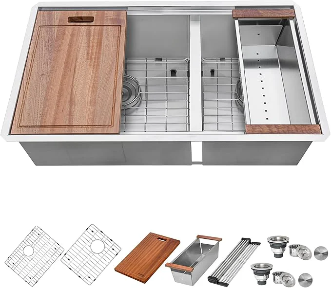 Easy-to-Use Ruvati 36-inch Workstation Kitchen Sink - 60 40 Double Bowl Undermount 16 Gauge Stainless Steel Kitchen Sink with Brushed Finish hides scratches Easy-to-Clean Undermount Sink - RVH8359About ThisOverview High-End