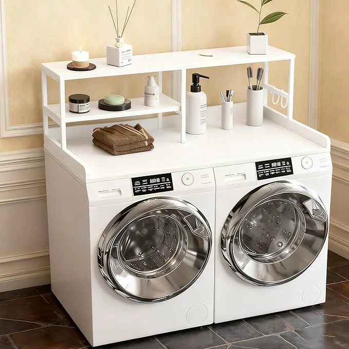 Breathable Washer and Dryer Countertop with Shelf 2-Tier 54 x 27.5 Wood Laundry Countertop Washer Dryer Topper with High Edge Rails and Hooks Non-Slip Pads Waterproof Heat Resistant Top White About ThisOverview Minimalist