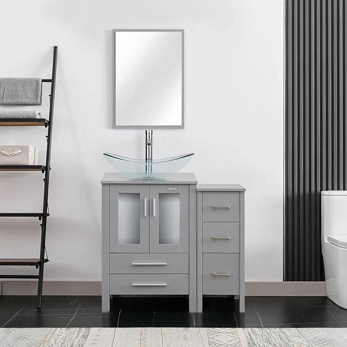 Consistent eclife 36 Modern Bathroom Vanity Sink Combo standing Cabinet with Small Side Cabinet Clear Boat Glass Vessel Sink Water Save Faucet Drain Gray A29TT About ThisOverview Genuine