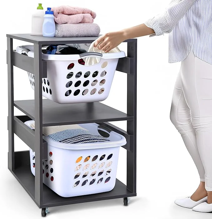 Contemporary Laundry Basket Holder Shelf 2-Tier - Stackable Engineered Wood Laundry Tower with Wheels Tiered Laundry Hamper Organizer for Bathroom BedroomAbout ThisOverview High-End