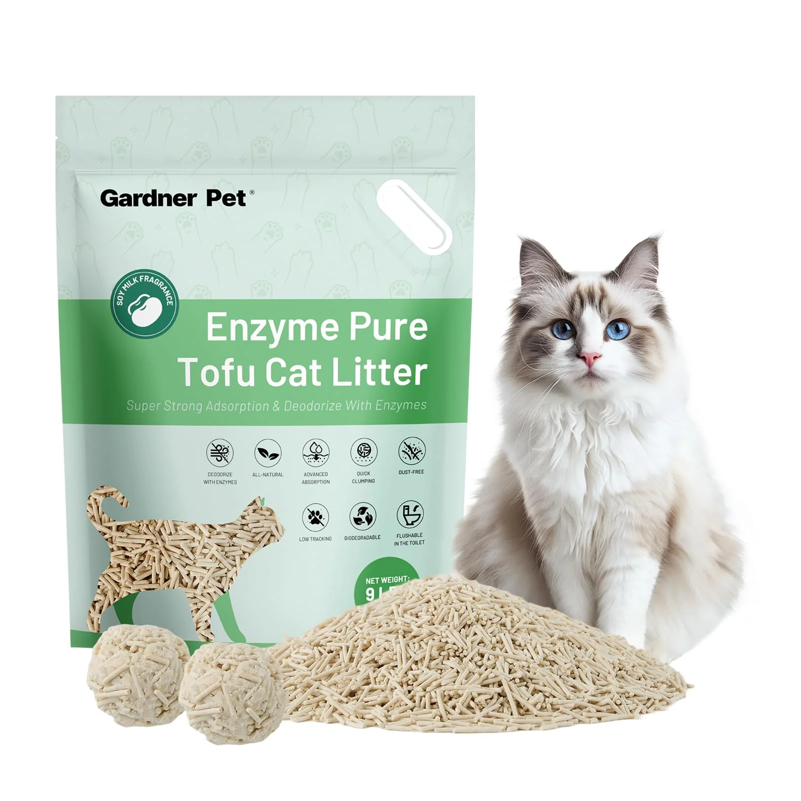 Sustainable Gardner Pet Enzyme Tofu Cat Litter – Flushable Low Dust Plant-Based Clumping 9 lb Expertly Made
