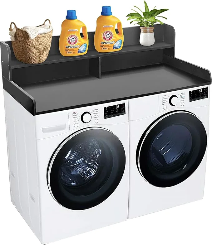 Durable Royxen Laundry Countertop with 2-Tier Shelf Universal Fit Washer and Dryer Countertop with Storage Space Shelf Height 11.5 Inches Solid Wood Core BlackAbout ThisOverview Consistent