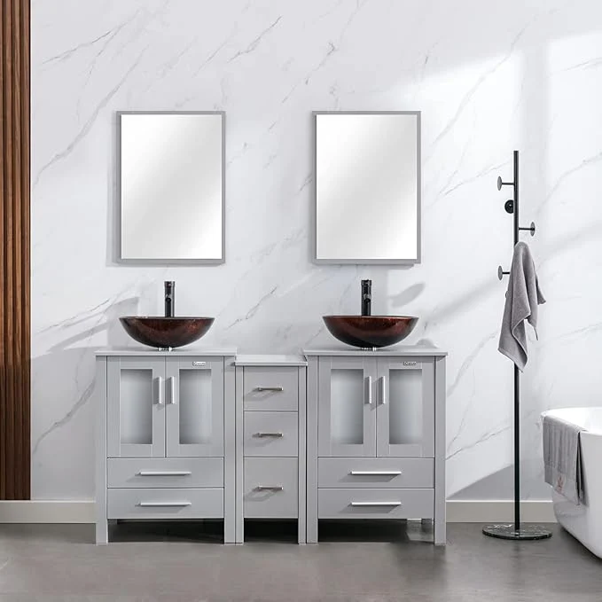 Flexible eclife 60 Modern Bathroom Vanity Sink Combo standing Cabinet with Small Side Cabinet Brown Round Glass Vessel Sink Water Save Faucet Drain Gray A09 About ThisOverview Exceptional