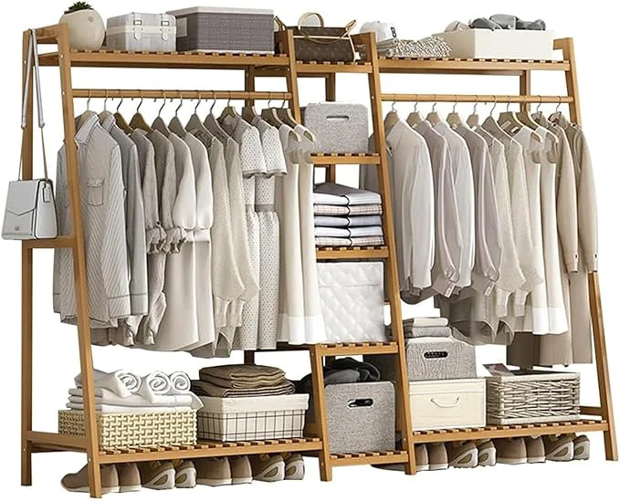 Prestigious Bamboo Garment Rack 9 Tier Storage Shelf Coat Clothes Hanging Rack Portable Wardrobe Closet Organizer With Top Shelf Shoe Storage Shelves for Bedroom Natural - 74.8 in About ThisOverview Elegant